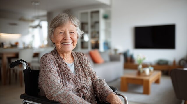 A sweet elderly lady with a warm smile sits in her wheelchair in a contemporary living room with a blurred sofa and table in the background. Concept of comfortable home care.