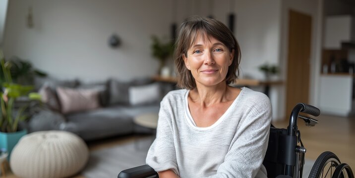 A cheerful disabled mature lady sits in a wheelchair at home with a blurred modern sofa and cushions in the background. Concept of comfortable accessible housing and inclusion.