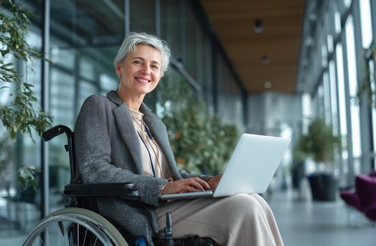 An elderly disabled lady with gray hair sits comfortably in a wheelchair with a laptop on her lap in a modern bright corporate corridor. Concept of active aging and retirement lifestyle.