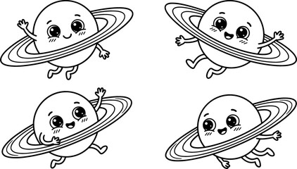 Cute Saturn Planet Cartoon Character Set with Planetary Rings and Happy Kawaii Face Expressions for Kids Space Science Coloring Pages © MdMostakin