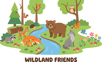 Fototapeta premium Cartoon forest scene with brown bear wolf fox raccoon deer hedgehog squirrel owl and blue bird playing near a winding blue river with green grass trees flowers and red mushrooms on white background