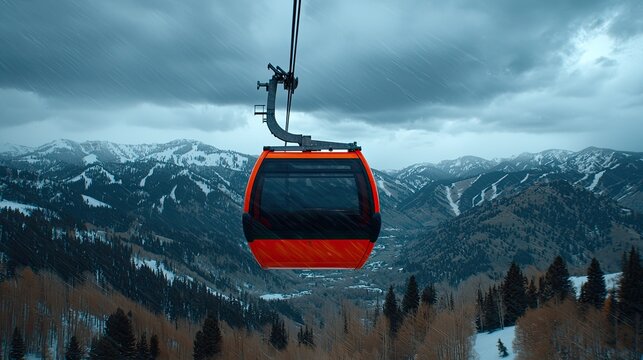 Orange Gondola Lift Above Snowy Mountain Range in Winter