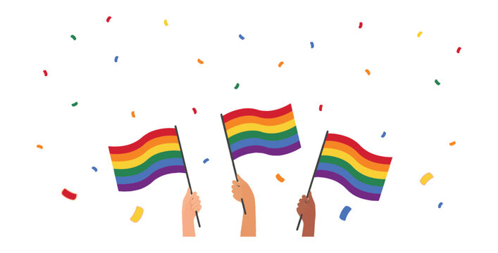 Diverse Hands Waving Rainbow Pride Flags with Falling Confetti