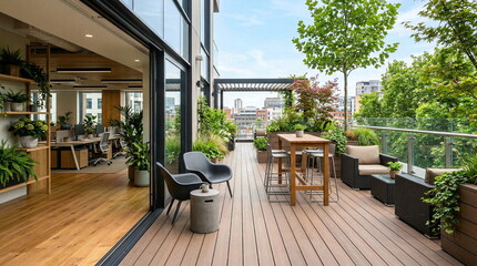 Fototapeta premium Modern Office Rooftop Terrace with Green Plants, Outdoor Seating and City View