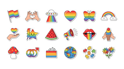 Fototapeta premium LGBTQ Pride Month Sticker Set with Rainbow Colored Icons and Symbols