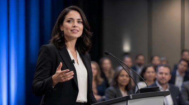 Confident female executive speaks at a podium before a blurred conference audience, ideal for leadership, corporate training, and public speaking campaigns.