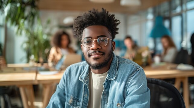 A young black male worker in a blue shirt and glasses sits in his wheelchair at a modern light wooden office desk. Concept of digital workflow optimization and corporate equality.