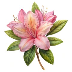 Fototapeta premium Pink flowering rhododendron with green leaves - Beautiful pink rhododendron bloom with lush green leaves, detailed and vivid illustration.