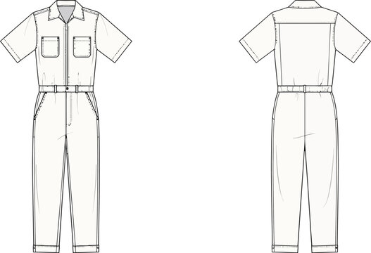 Technical drawing of a short sleeved jumpsuit with collar and pockets