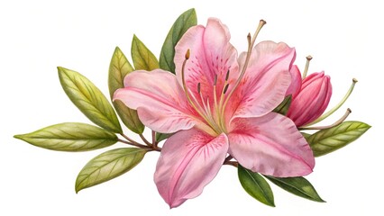Obraz premium Pink flowering azalea with green leaves - A beautifully illustrated pink azalea flower with delicate petals and fresh green leaves, ready for stock use.