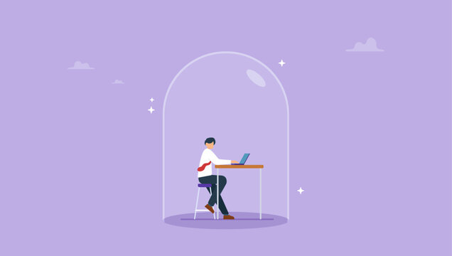 Businessman working in comfort zone. Career decision to work in comfort zone or safe zone without leaving the company, employee challenge for job or working motivation, courage or ambition to escape.