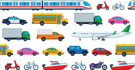 Global transportation and vehicle collection flat icon set featuring train airplane school bus and boats. © Shukimon