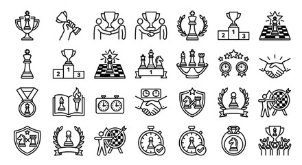 Clean Black and White Chess Themed Icons Set for Awards Competitions and Achievements with high quality professional line art symbols for modern creative design and digital branding projects © Bimi