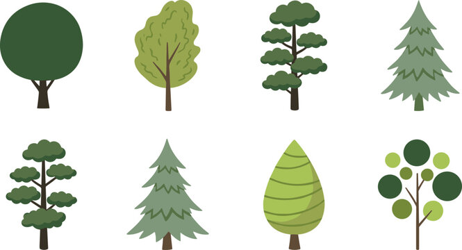 Green forest trees and nature environment flat icon collection featuring pine fir oak and spruce.