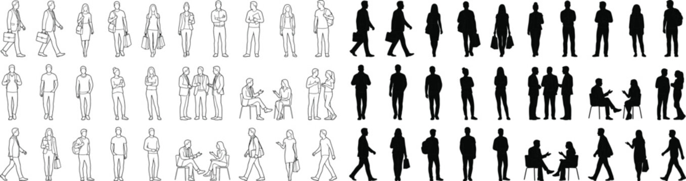 Vector set of business people and casual characters in outline and black silhouette style for architectural scale rendering