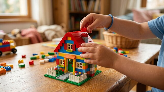 Child's hands building a colorful toy house from interlocking plastic blocks, promoting creativity and developmental play