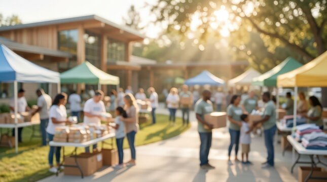 Volunteer community charity event food donation drive outdoor fair tents blurred sunlight background humanitarian aid support