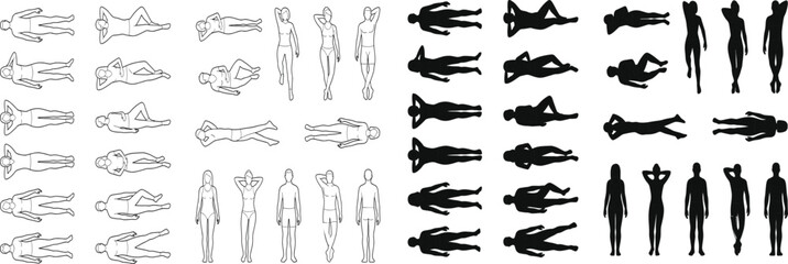 Vector top view set of people lying down sunbathing and standing outline and silhouette architectural scale figures © Rezoara