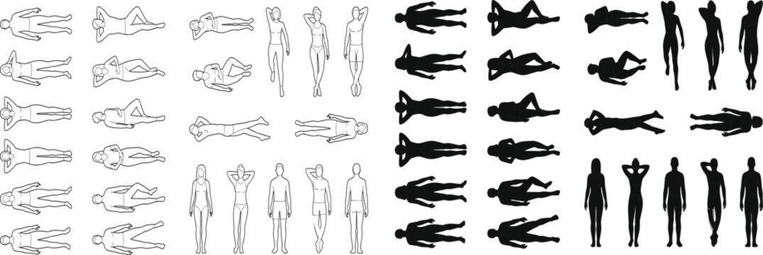 Vector top view set of people lying down sunbathing and standing outline and silhouette architectural scale figures