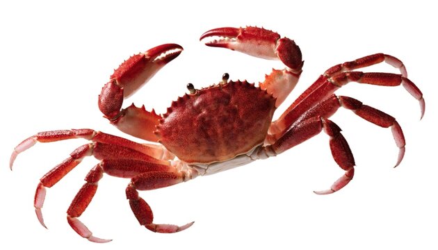 Red crab isolated on transparent background with raised claws, glossy spined shell, articulated legs and crisp studio lighting for seafood, marine wildlife and culinary design and commercial use