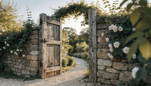 Weathered wooden garden gate in rustic stone wall draped with climbing white roses, sunlit gravel path leading into a romantic cottage garden and peaceful countryside escape in summer bloom