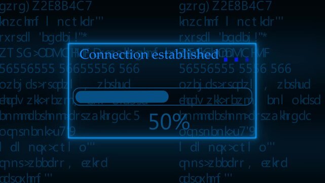 Connection established text displayed on a digital screen with blue computer programming code background and a loading bar showing thirty one percent