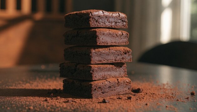 Stack of rich chocolate brownies dusted with cocoa on a dark table in warm cozy window light, indulgent dessert still life for bakery, cafe, homemade baking, and gourmet sweets advertising