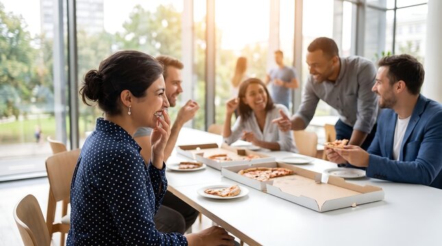 Diverse group of happy colleagues laughing and eating pizza together during a lunch break in a bright modern office