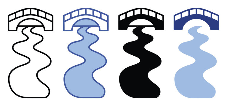 Set of bridge and winding river icons offering diverse graphic styles for digital interfaces and geographic representations