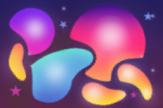 Abstract minimalist frosted glass background with colorful fluid gradient shapes and cute starry sparkles
