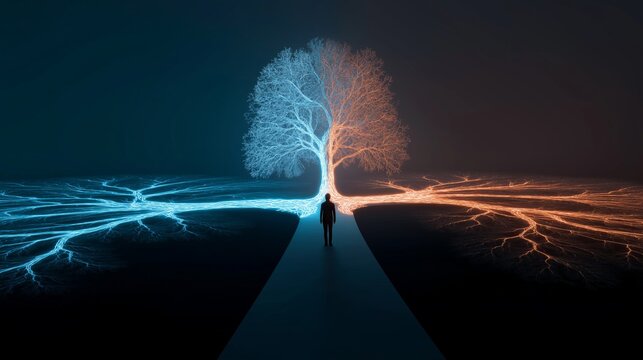 Panoramic visualization of AI decision making, branching glowing pathway tree stretching across dark frame, human figure standing at first fork, choice concept