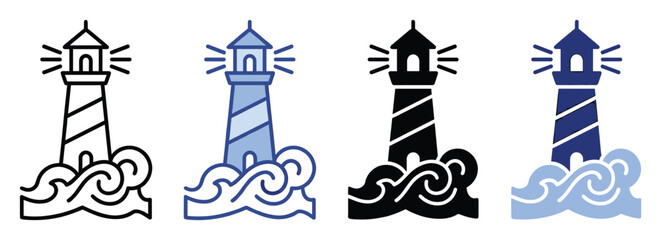 Fototapeta premium Set of different lighthouse tower icons with radiating light beams standing amidst swirling ocean waves, ideal for maritime navigation, safe travel, and coastal warning system graphics.