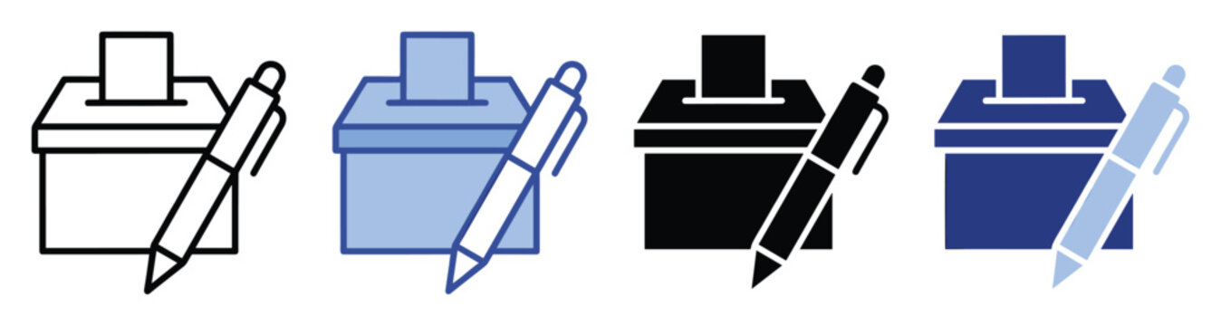 Set of voting and election icons featuring a ballot box with a pen for civic engagement and democratic process graphics