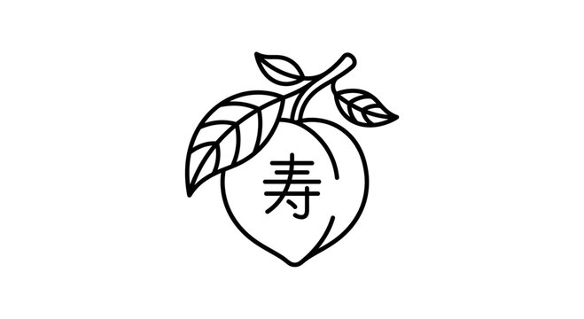 Line art illustration of a peach with a Chinese longevity character.