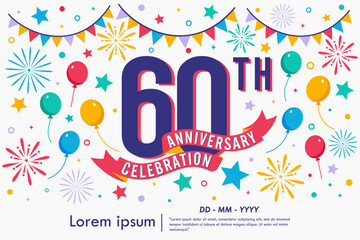 60th years anniversary celebration emblem logo isolated with balloons, bunting flag, ribbon, fireworks and stars. vector illustration template design for web, flyers, poster, greeting card © thitiwat