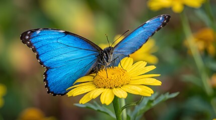 Fototapeta premium A vivid blue butterfly feeds on a bright yellow daisy in a lush garden, ideal for promoting pollinator conservation, nature education, and spring gardening themes.