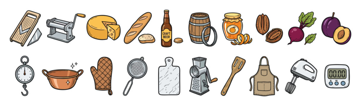 Set of various kitchen tools and food ingredients for cooking, baking, and culinary projects