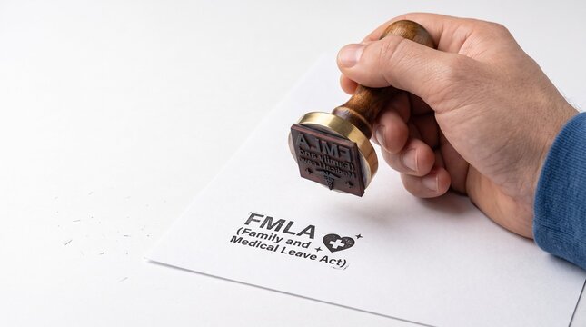 FMLA Family and Medical Leave Act rubber stamp on paper, hand stamping official document for employee benefits, legal labor rights concept