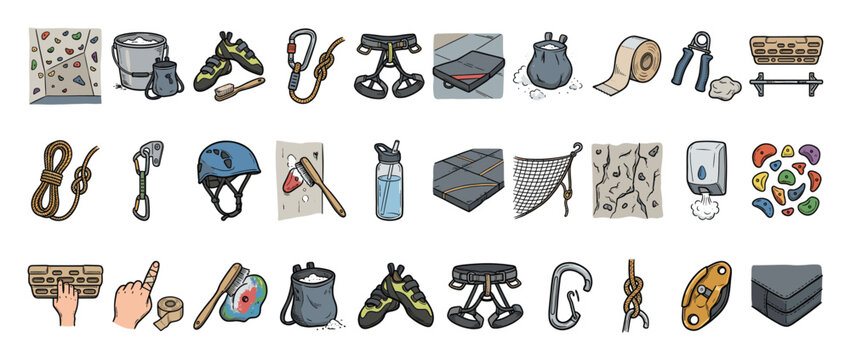 Set of diverse rock climbing and bouldering equipment essentials including ropes, harnesses, shoes, and chalk for outdoor adventure sports and fitness training visual projects.