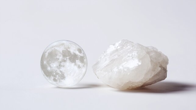 Natural moonstone crystal beside a realistic miniature moon