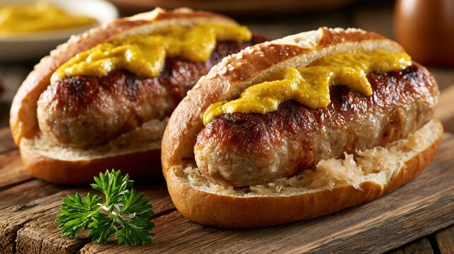 Traditional German Bratwurst Sandwich with Mustard and Sauerkraut