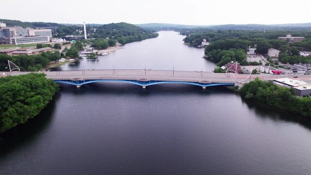 Drone perspective approaching the Kenneth F Burns bridge on Lake Quinsigamond.
