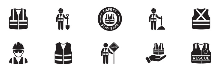 Safety and construction icons set. High-visibility vest, hard hat, worker with shovel and stop sign, and a "Stay Safe" safety stamp. Vector illustration. © Roberto_Caravelli