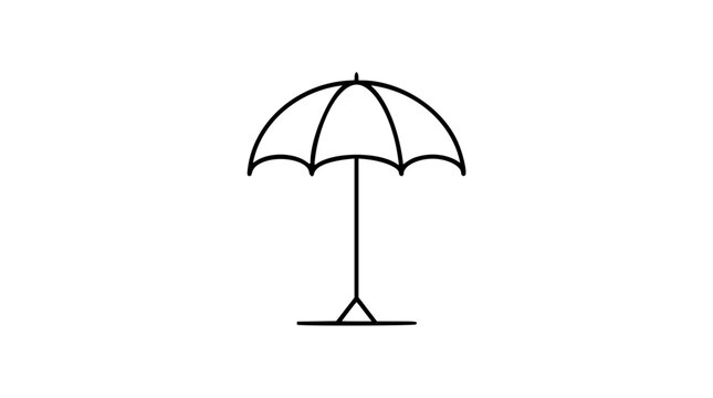 This clean black and white line art vector icon depicts an open beach umbrella for resort branding, pool rules, sun safety, and holiday planners.