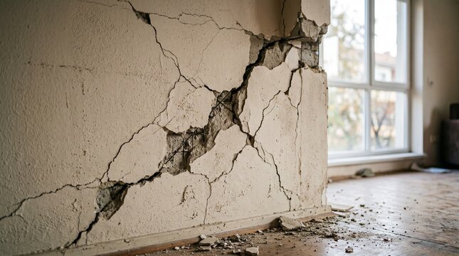 Severely Cracked Interior Wall Showing Structural Damage in an Abandoned Room