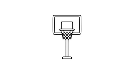 A clean black and white line art vector icon showing a basketball hoop from a side angle with detailed net, ideal for sports branding, merchandise, or recreational facility materials. © Hassan