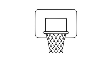 A sleek black and white line art vector icon showing a basketball hoop with dynamic perspective, suitable for mobile apps, sports analytics, or athletic merchandise design. © Ekha