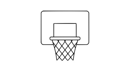A clean black and white line art vector icon of a basketball hoop viewed from the front, perfect for sports apps, team logos, or athletic event promotional materials. © Ekha