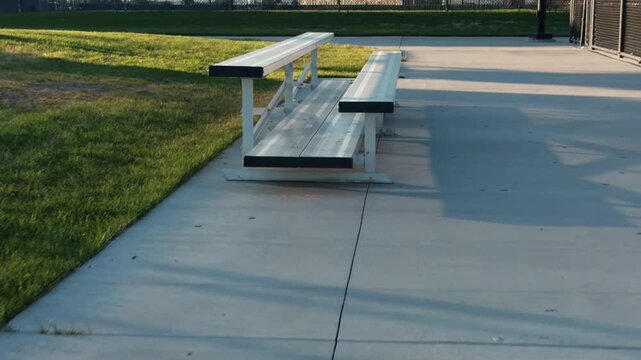 Camera glides forward low over empty metal bleachers on a sports field