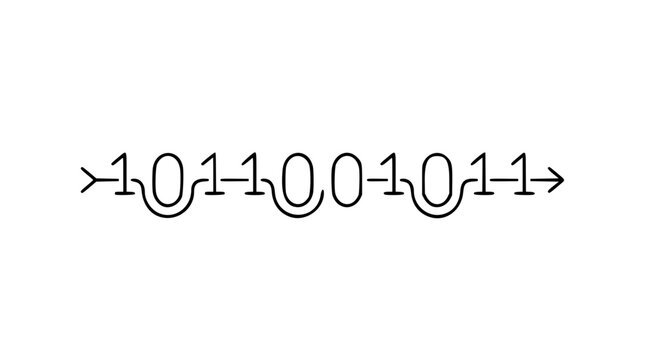 A precise black and white line art vector icon of binary data stream with flowing ones and zeros, perfect for cybersecurity, programming, or digital technology concepts.